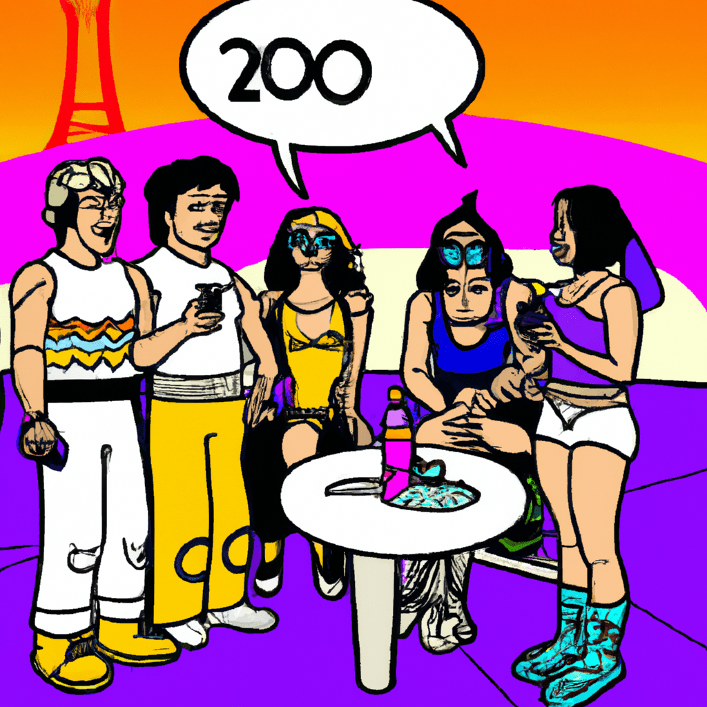 Grupo de pessoas conversando no ano 3000.